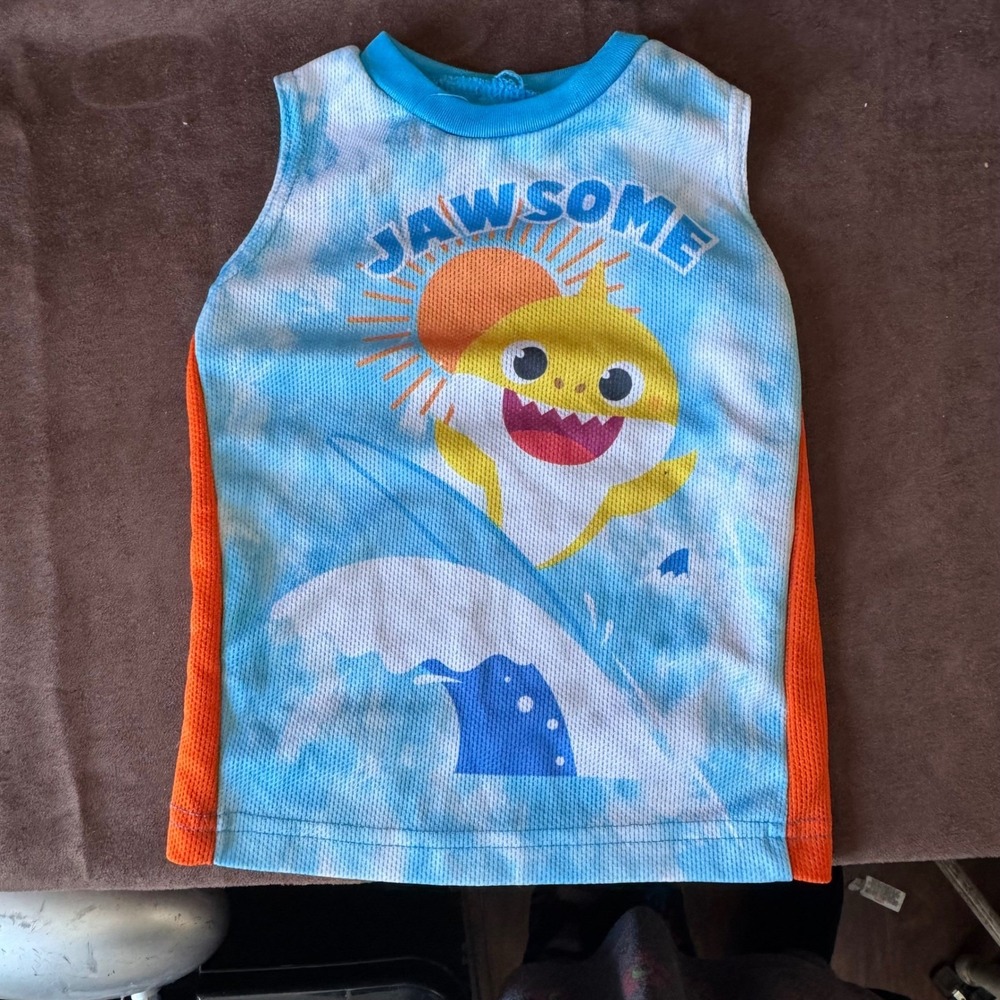 Baby Shark Jawsome Blue Tie Dye Mesh Tank Top Sleeveless Jersey Orange‎ Trim